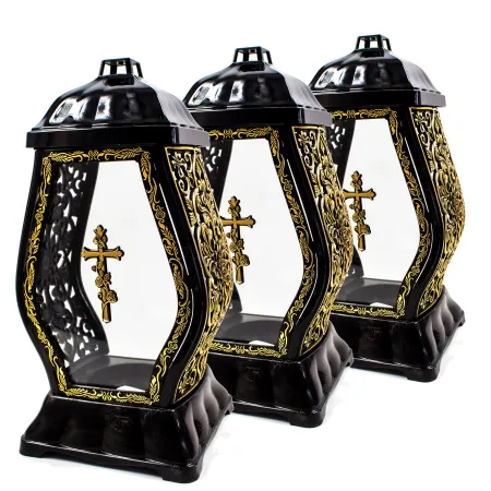 Zestaw 3 Zniczy Kapliczka Nagrobna ze złotymi Krzyżem i zdobieniami Elegancki Lampion Pamięci
